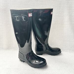 Hunter Tall Black High Gloss Women Slip On Rain Boots Classic Essential Size 5